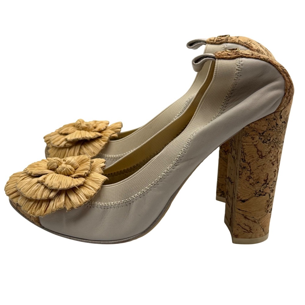 CHANEL Camellia Raffia Cork‎ Platform Heels 37 Beige Peep Toe Resort Boho - Picture 5 of 9